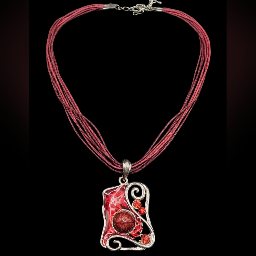 Modernist Abstract Red And Silver Pendant Cord Necklace Marked Barcelona